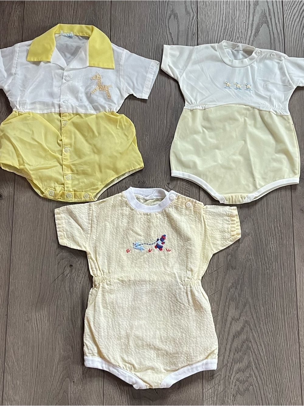 Vintage Bundle of 3 Yellow Plastic Bottom Lined Embroidered Baby Rompers